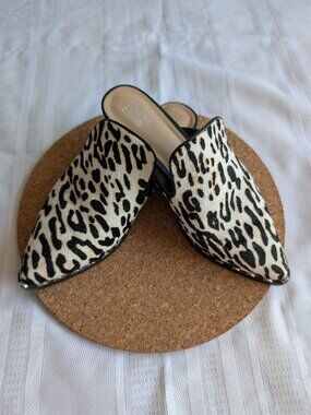 Bleeker & Bond Calf Hair Leopard Leather Mules with Studded Detail. Size 9M